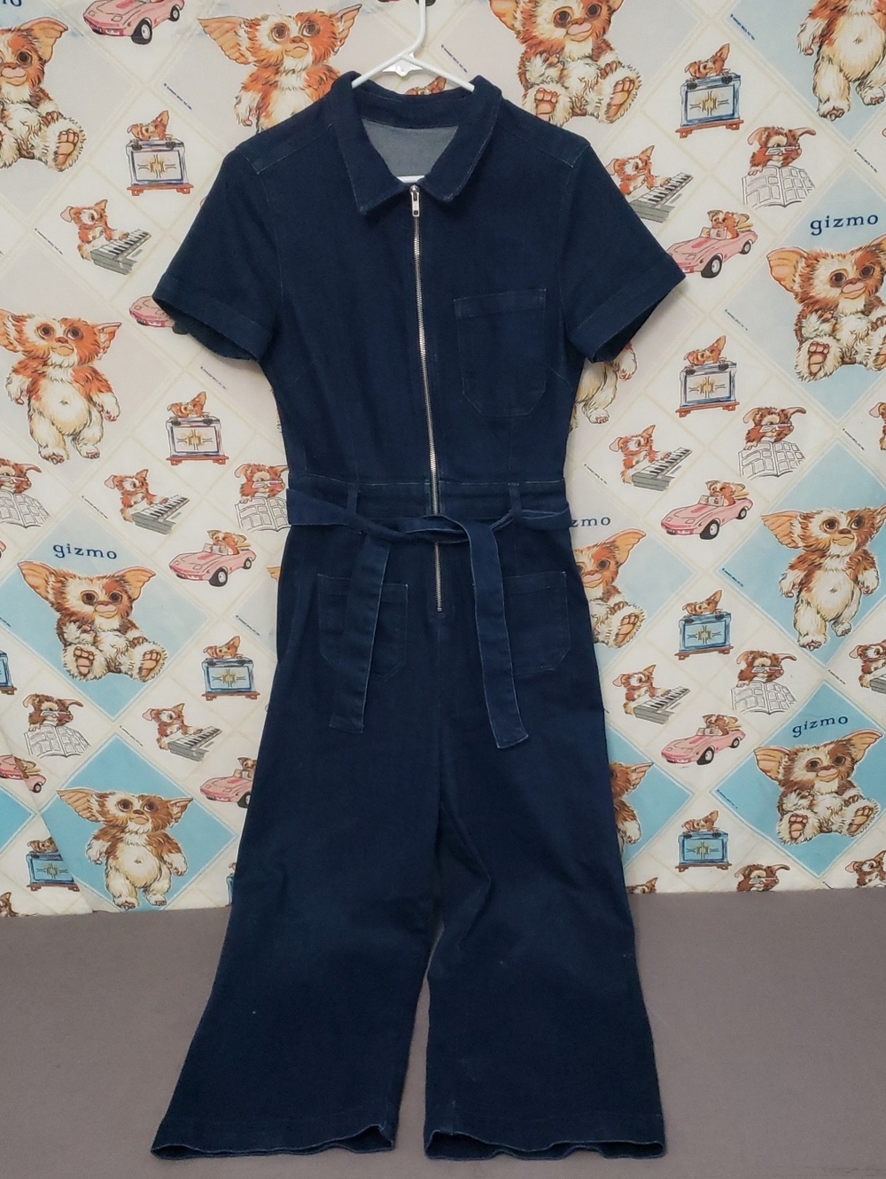 Anthropologie Navy Short-Sleeve Belted Jumpsuit